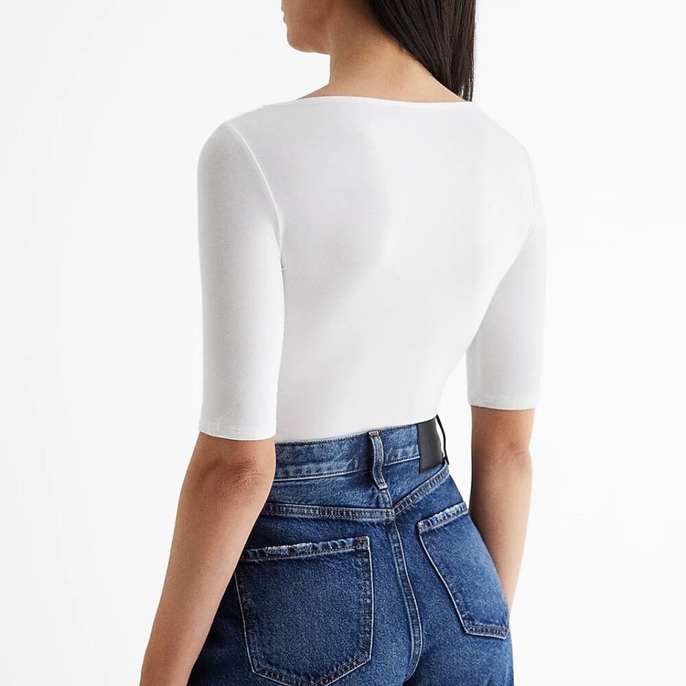 Express Supersoft Fitted Boat Neck Elbow Sleeve Tee White Size S - Picture 8 of 9